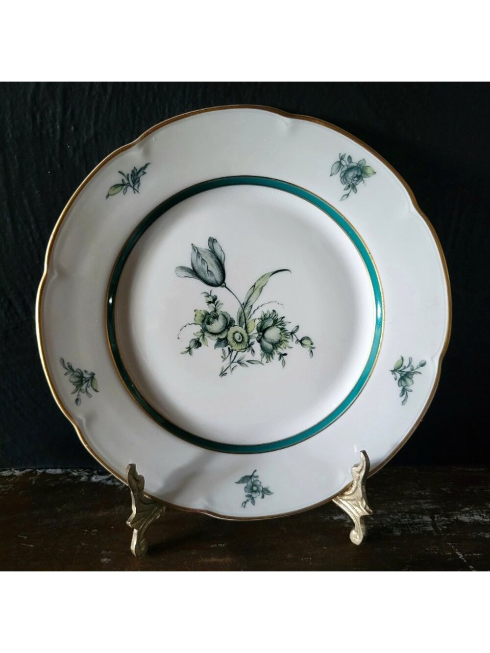 Vintage Royal Bayreuth Teal Tulip Salad Plate 7.5" Floral Design Gold Trim